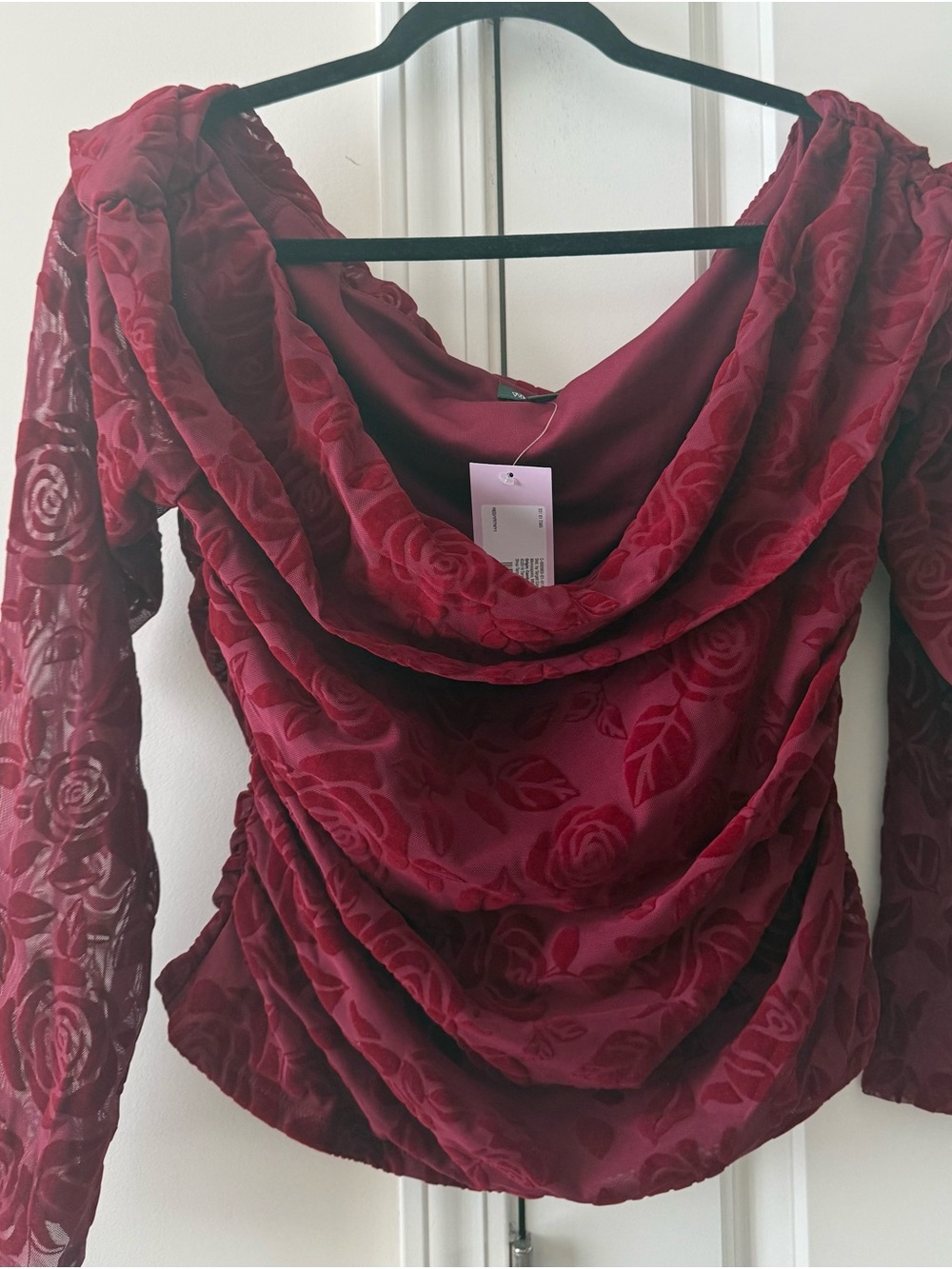 Women's Rose-Pattern Long Sleeve Off the Shoulder Top - Wine Red